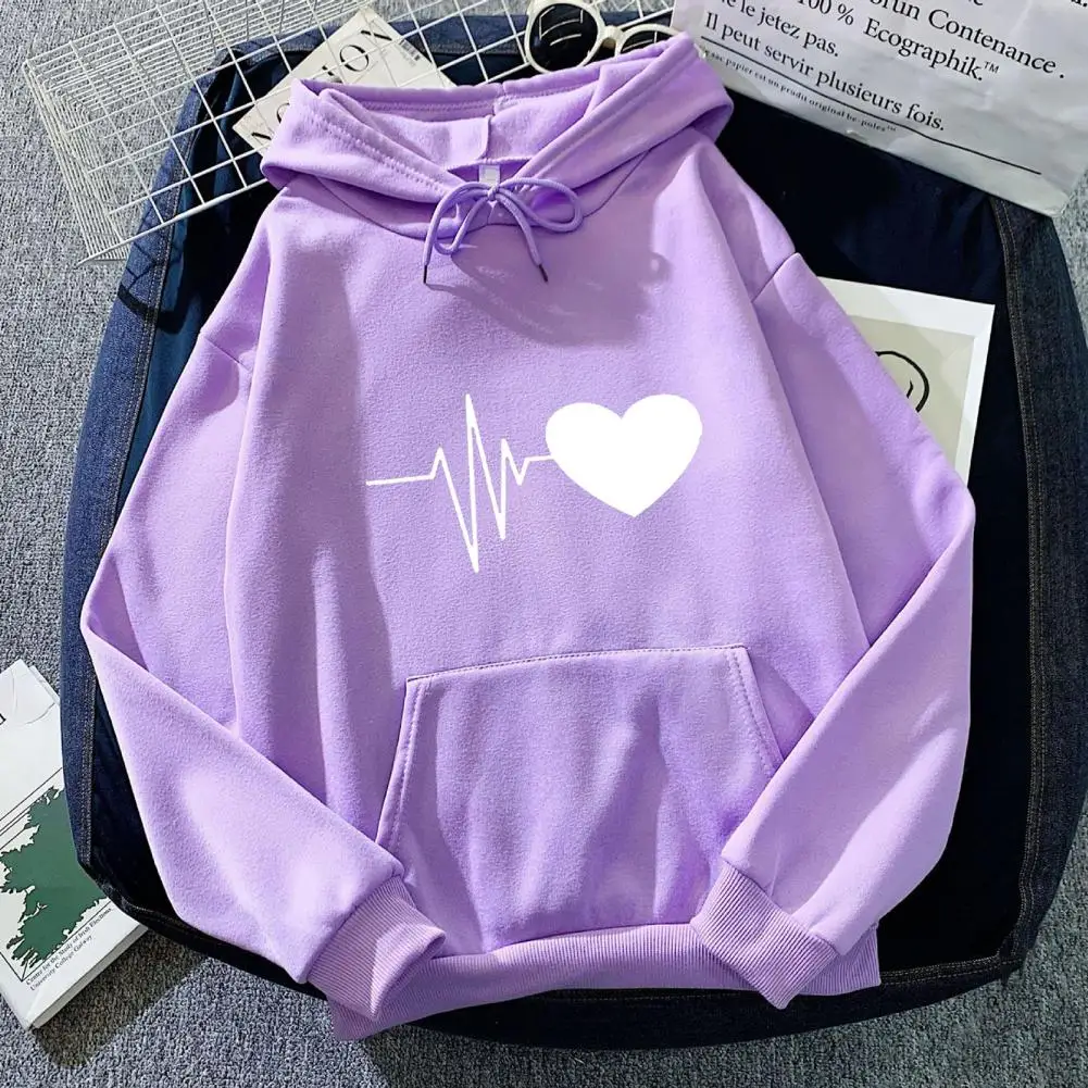 Women Fleece Hoodie Cozy Heart Print Unisex Hoodie with Drawstring Plush Warmth Big Patch Pocket for Fall Winter Loose Fit