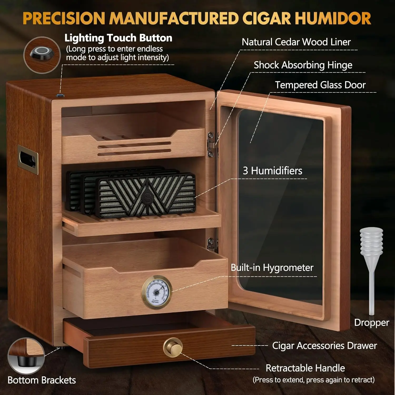 Cigar Cabinet, Desktop Humidor Light Control System with Spanish Cedar Wood Shelves, 3 Humidifiers and Accessories Drawer 3