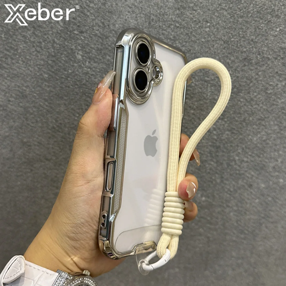 Elegant Plated Clear Wrist Strap Lanyard Phone Case with Cooling Protective Cover