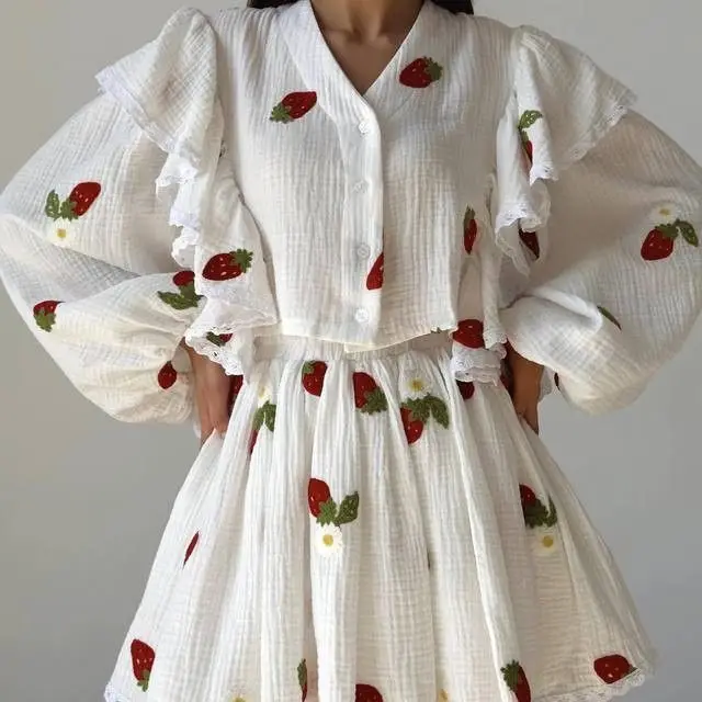 Fashion Cotton Linen Ruffle Shirt Skirt Two Piece Set For Women Summer Home Heart Pattern Long Sleeve Blouse Skirt blouses striped soccer heart notched neck blouse in multicolor size l s xl