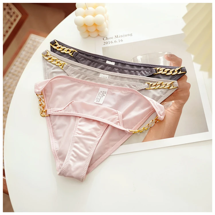 Description Picture 6 of itemCINOON French Satin Sexy Lingerie For Women Diamond Inlaid Chain metal Low waisted Panties New Seamless Triangle Underpants