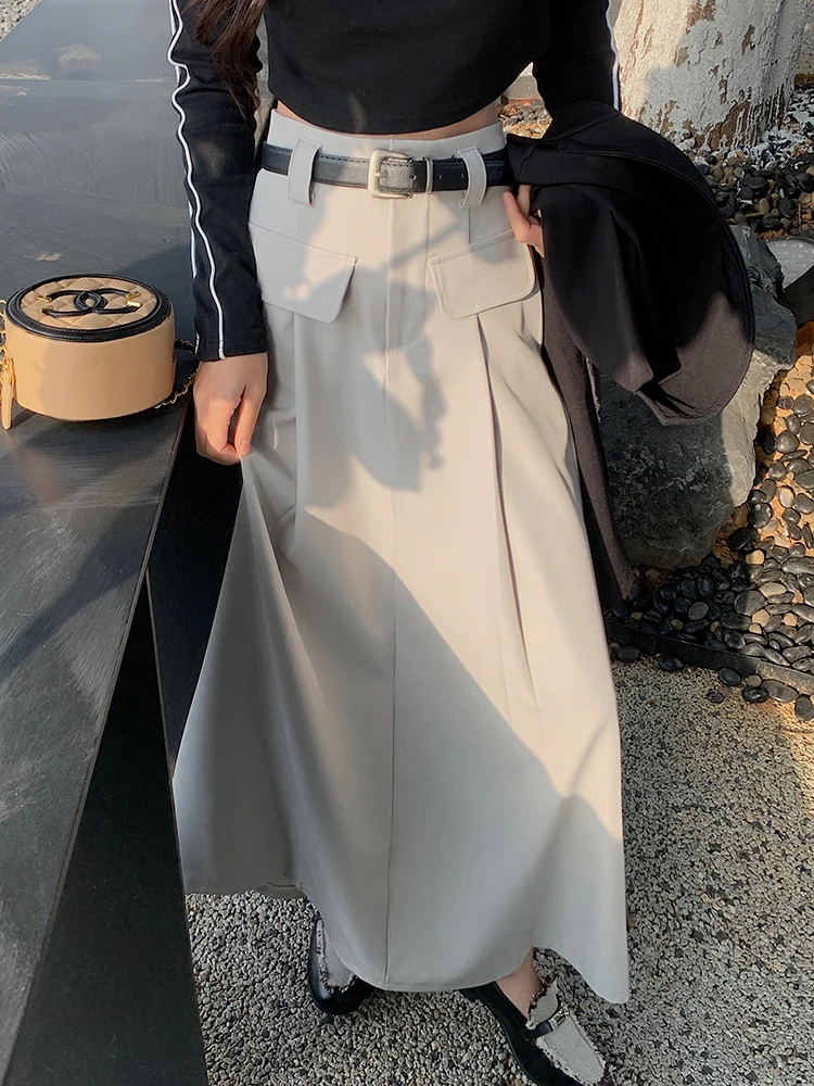 

QOERLIN Stylish OL Stylish Suit Skirts Long Maxi Women Korean Fashion High Waist A-Line Grey Elegant Casual Skirt Female Trendy