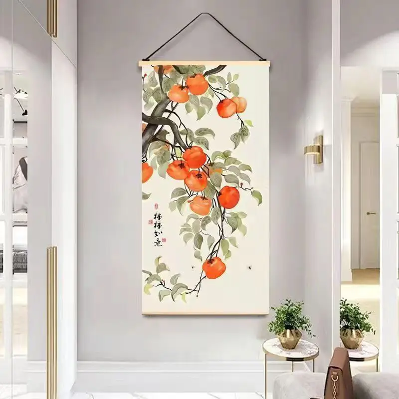 2024 New Chinese style persimmon Ruyi solid wood scroll hanging painting, entrance decoration painting, fabric art, no punching 4