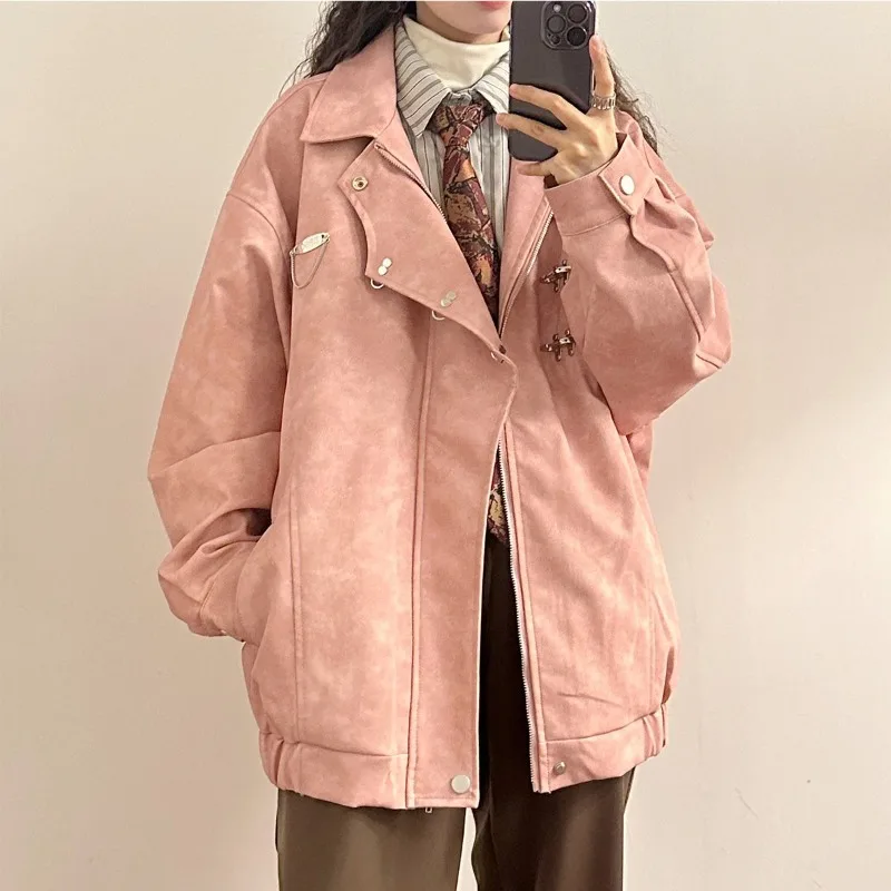 DAYIFUN American Loose Jackets Women's High Street Metal Buckle Suede Lapel Coats Lady College Style Chain Baseball Leather Tops