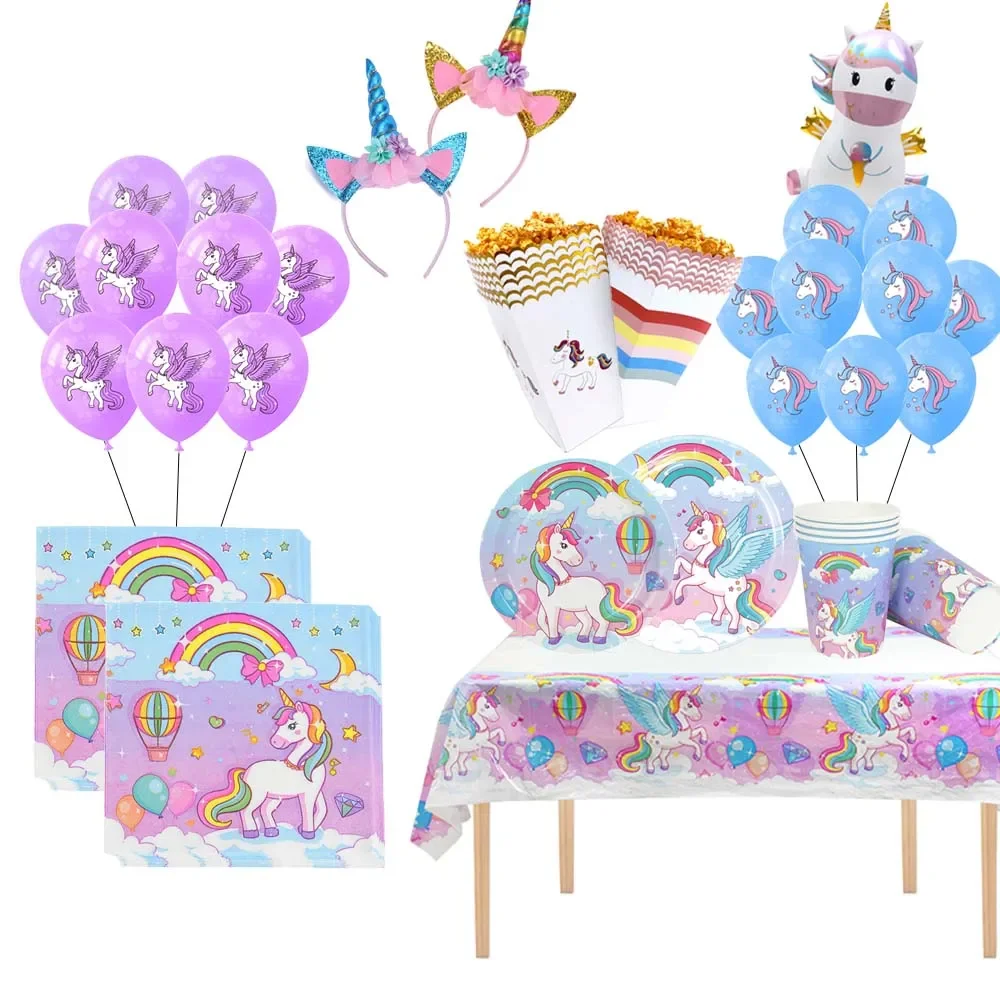 

Rainbow Unicorn Party Disposable Tableware Paper Plate Cup Tablecloth Balloons Girls Unicorn Theme Birthday Party Supplies