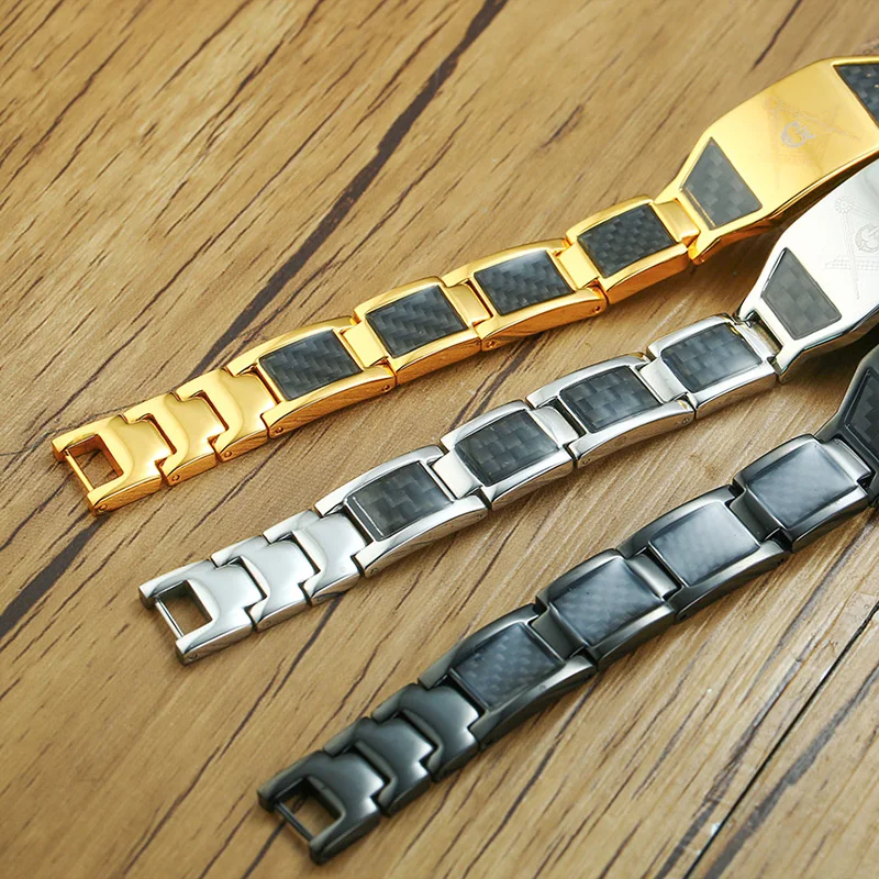 Men Stainless Steel Magnetic Health Energy Hologram Bracelet Gold-color Carbon Fiber ID