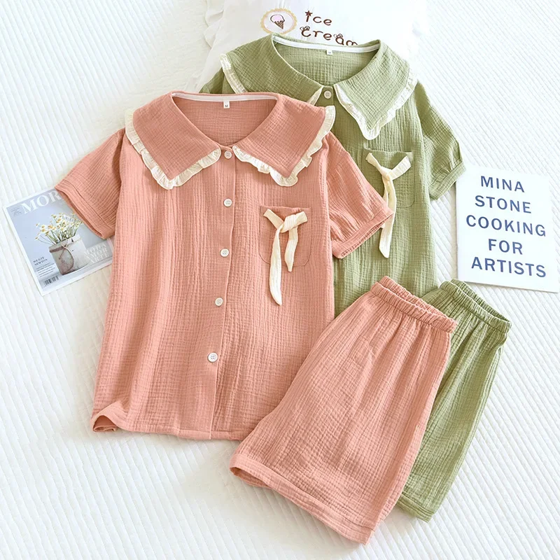 

Doll Collar Ladies Cotton Crepe Pajamas Thin Short Sleeve Shorts Home Clothes Loose Casual 2 PCS Sweet Cute Solid Sleepwear