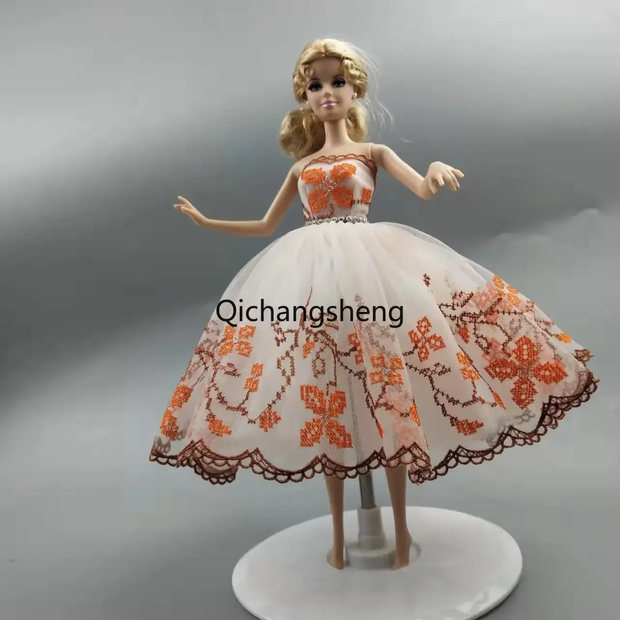 

1/6 Orange Floral Off Shoulder Princess Dress For For Barbie Doll Clothes Gown 11.5" Doll Accessory Rhinestone 3-layer Skirt Toy