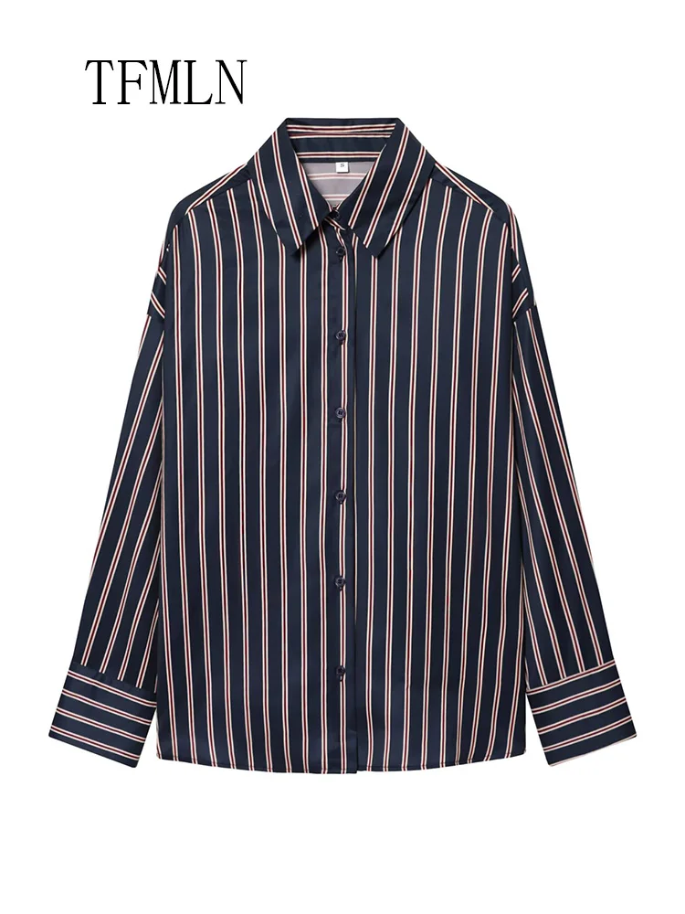 Chic Women Striped Loose Blouses 2026 Spring Summer Fashion Causal Lapel Single Breasted Shirts Vintage Full Sleeve Tops