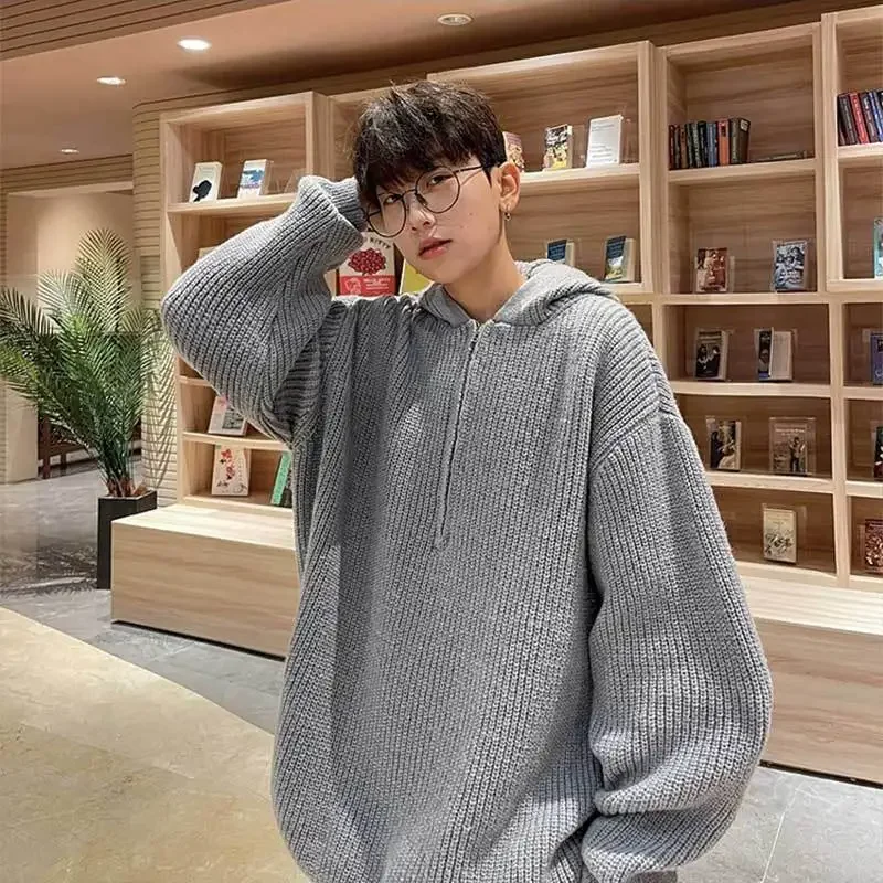 남성용 빈티지 아메리칸 스타일 니트 스웨터, 루즈핏 하프 지퍼 후드 풀오버, 캐주얼 상의, 순수한 Thug Idle 스타일