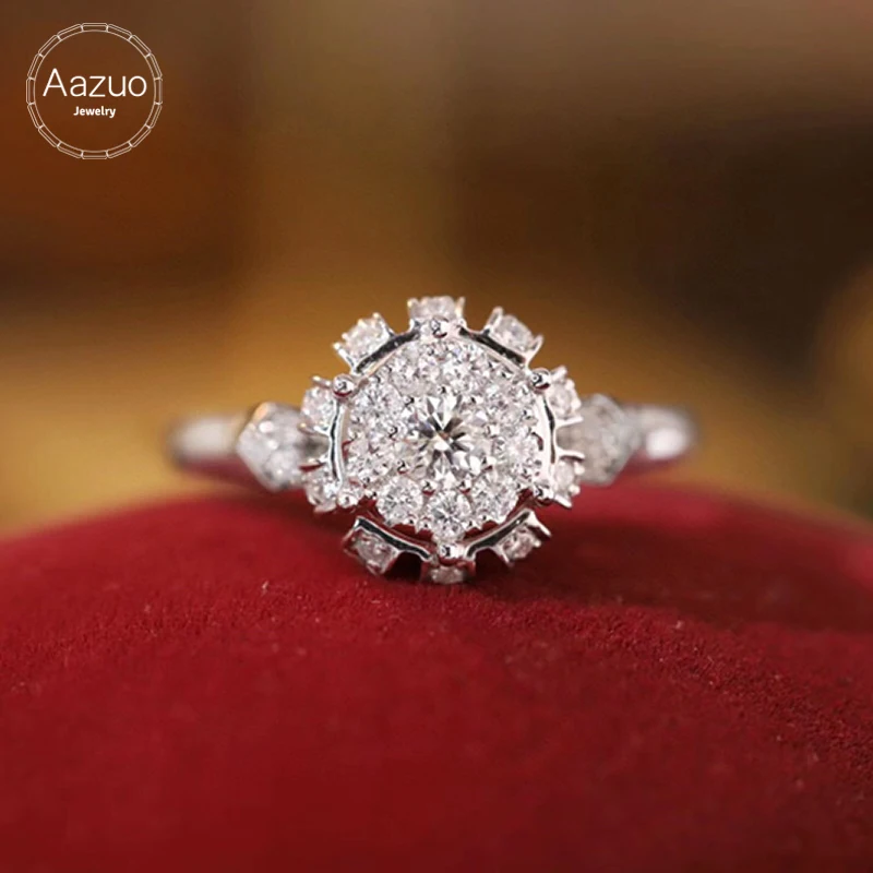 Aazuo 100% 18K Solid White Gold Natrual Diamonds 0.70ct Flower Wedding Ring Gift For Women Luxury Engagement Halo anillos mujer