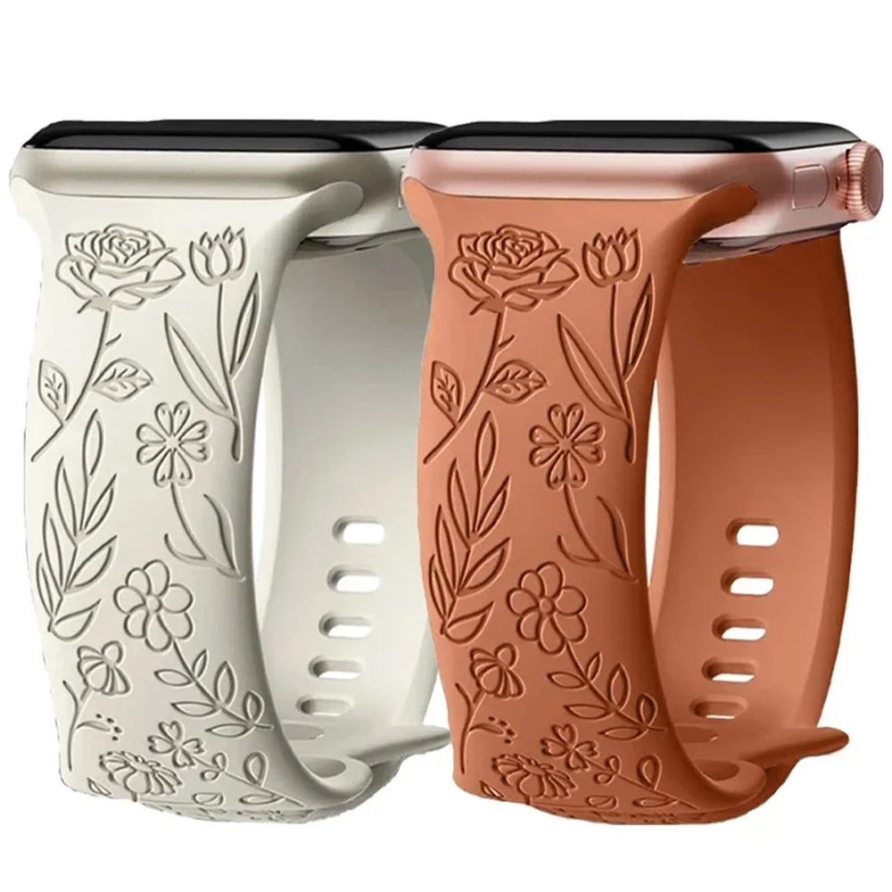 애플 워치용 각인 꽃 실리콘 스트랩, 울트라 2 밴드, 49mm, 45mm, 40mm, 41mm, 패션 아이워치 시리즈 9, 8, 7, 6, 5, 4, 3, se