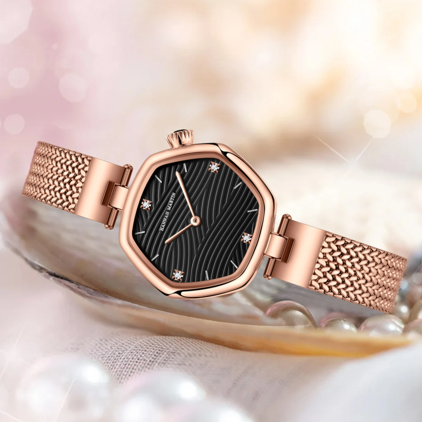 Hannah Martin Top Brand Women Stainless Steel Mesh With White Rose Gold Clock Original Japanese Quartz Movement Luxury Watches 2