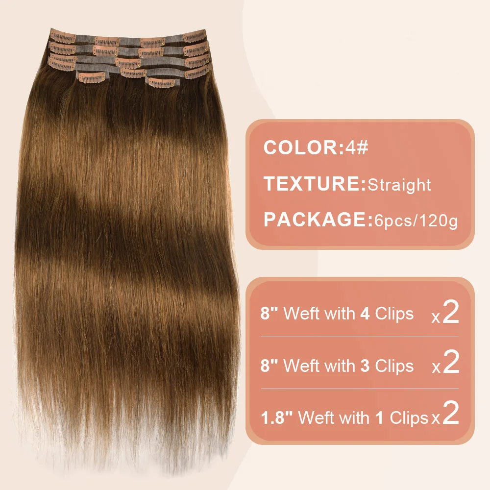 Straight Seamless Clip In Real Human Hair Hair Extensions 6Pcs 120g Seamless Invisible Brazilian Clip In For Woman