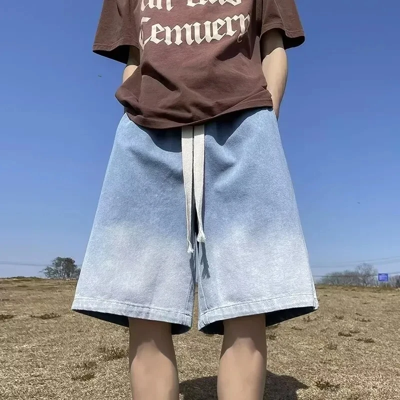 Retro Gradient Webbing Denim Shorts Men's Summer Thin Trend Loose Outwear Casual Five Points Pants Soft