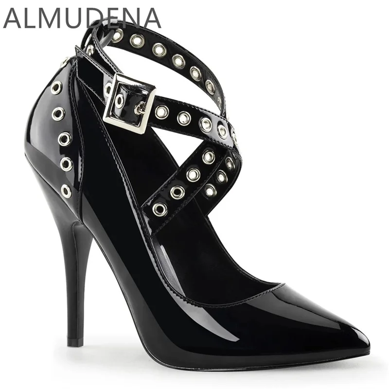 

Patent Leather Super High Heels Women Pumps Pointed Toe Buckle Strap Sexy Shoes Thin Heel Rivet Buckle Shoes Mature Modern Pumps