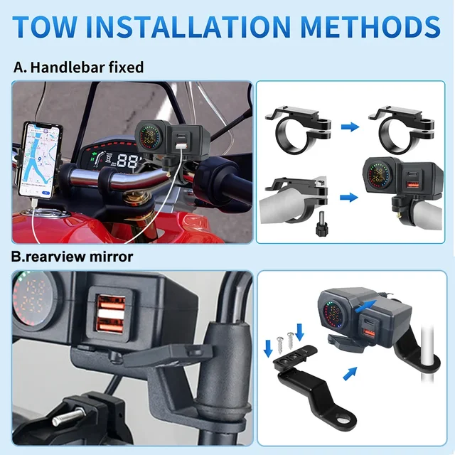 60W Motorcycle Handlebar PD QC3.0 Charger Socket USB Type-C Fast Charger Phone Power Adapter With Voltmeter Thermometer Display