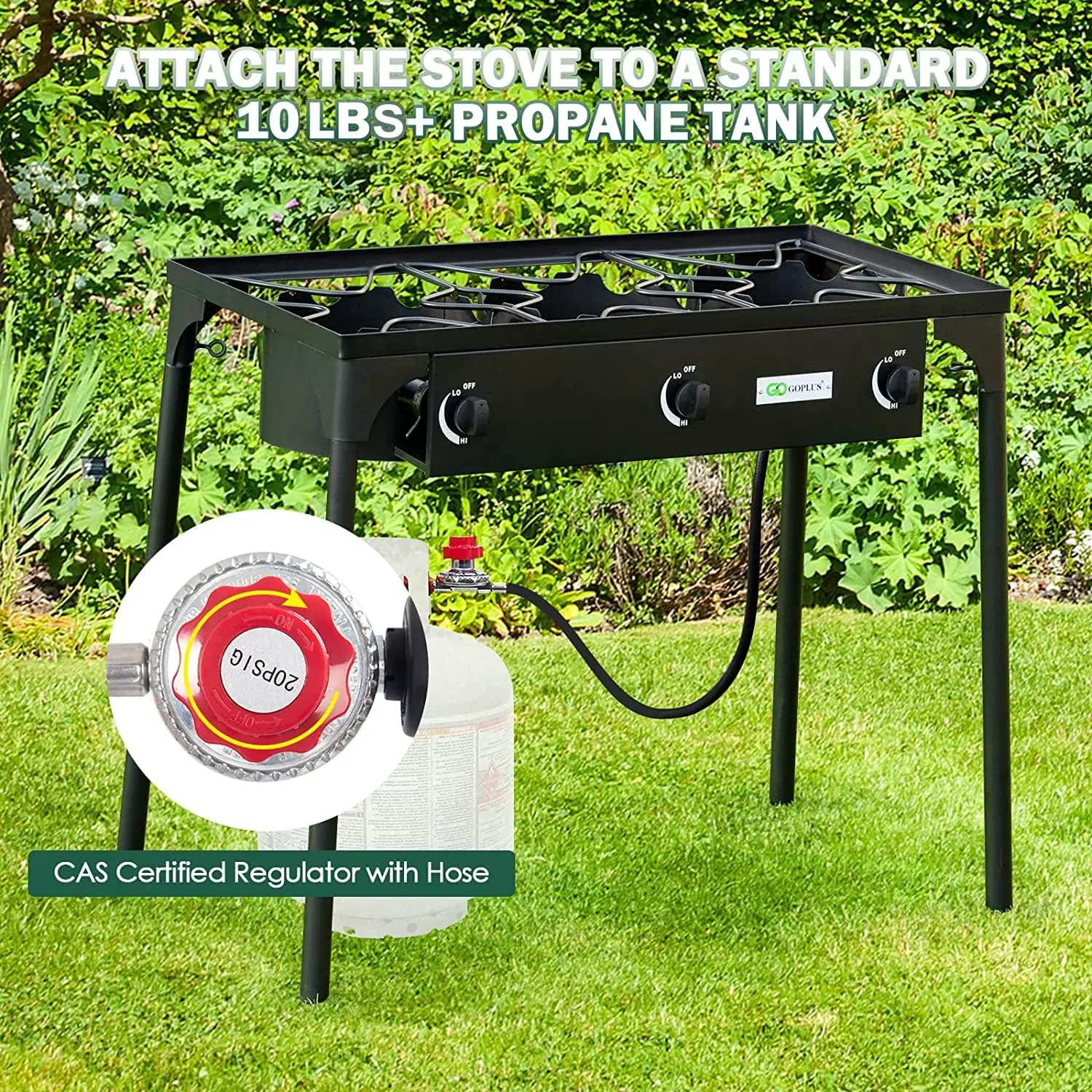 Camping Stove, 3 Burner Propane Gas Cooker w/Detachable Legs & CSA Regulator & 0-20 PSI Regulator for Camp Paito RV, Cast Iron, 6