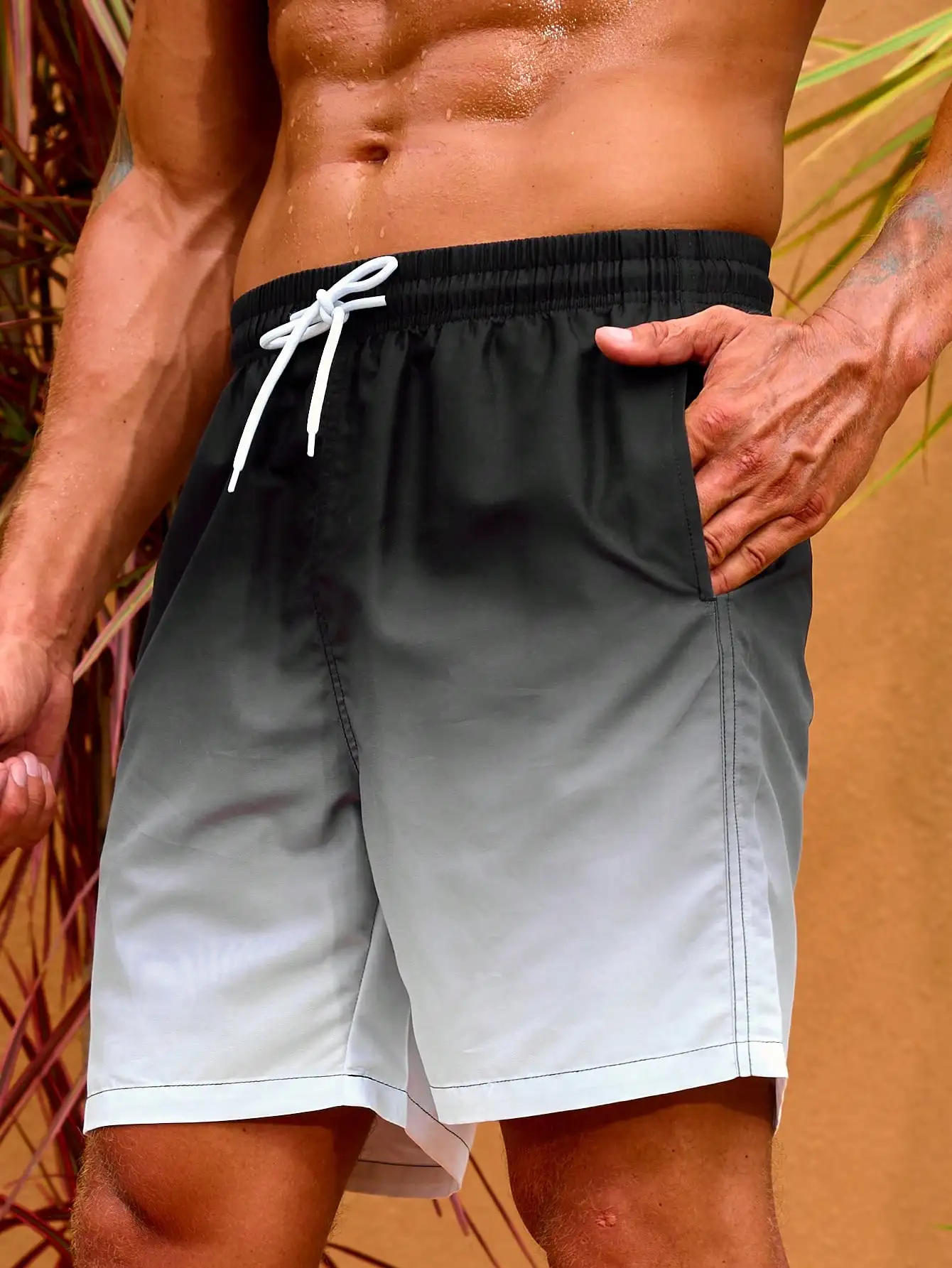 Men's Gradient Print Double Layer Design Anti-Ambarrassment Fashion Cool Quick Dry Beach Pants 3