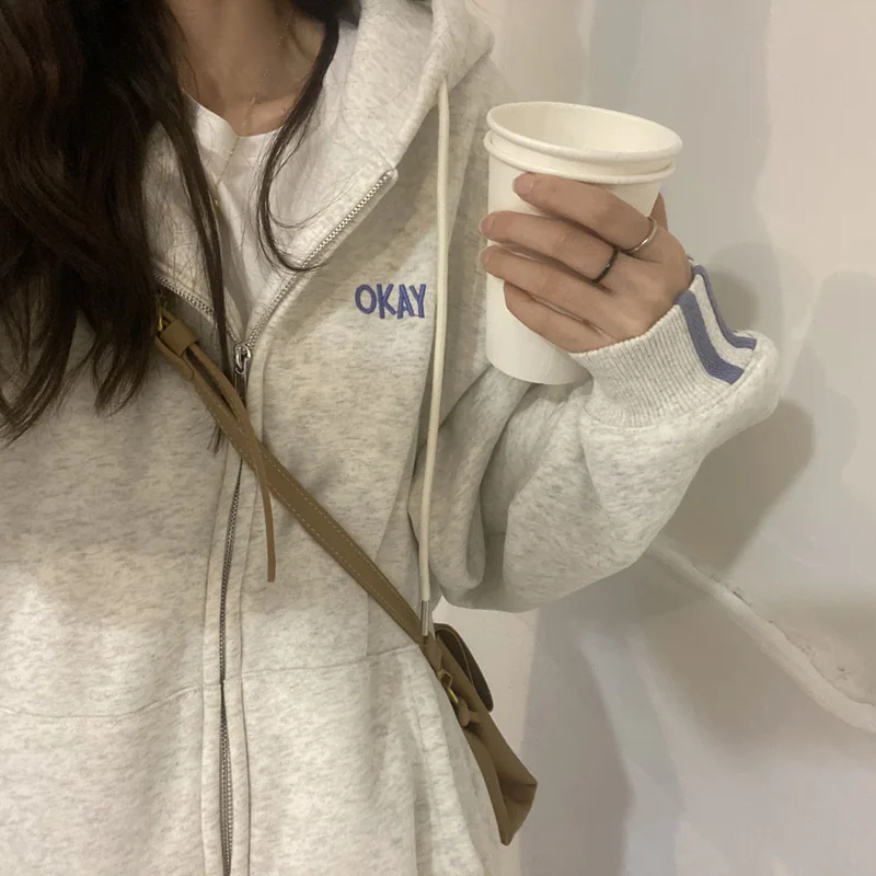 

Grey Sweatshirt Women Hoodie Coat Vintage Letter Jacket Long Sleeve Korean Fashion Casual Y2K Style Winter NEW Female Tops