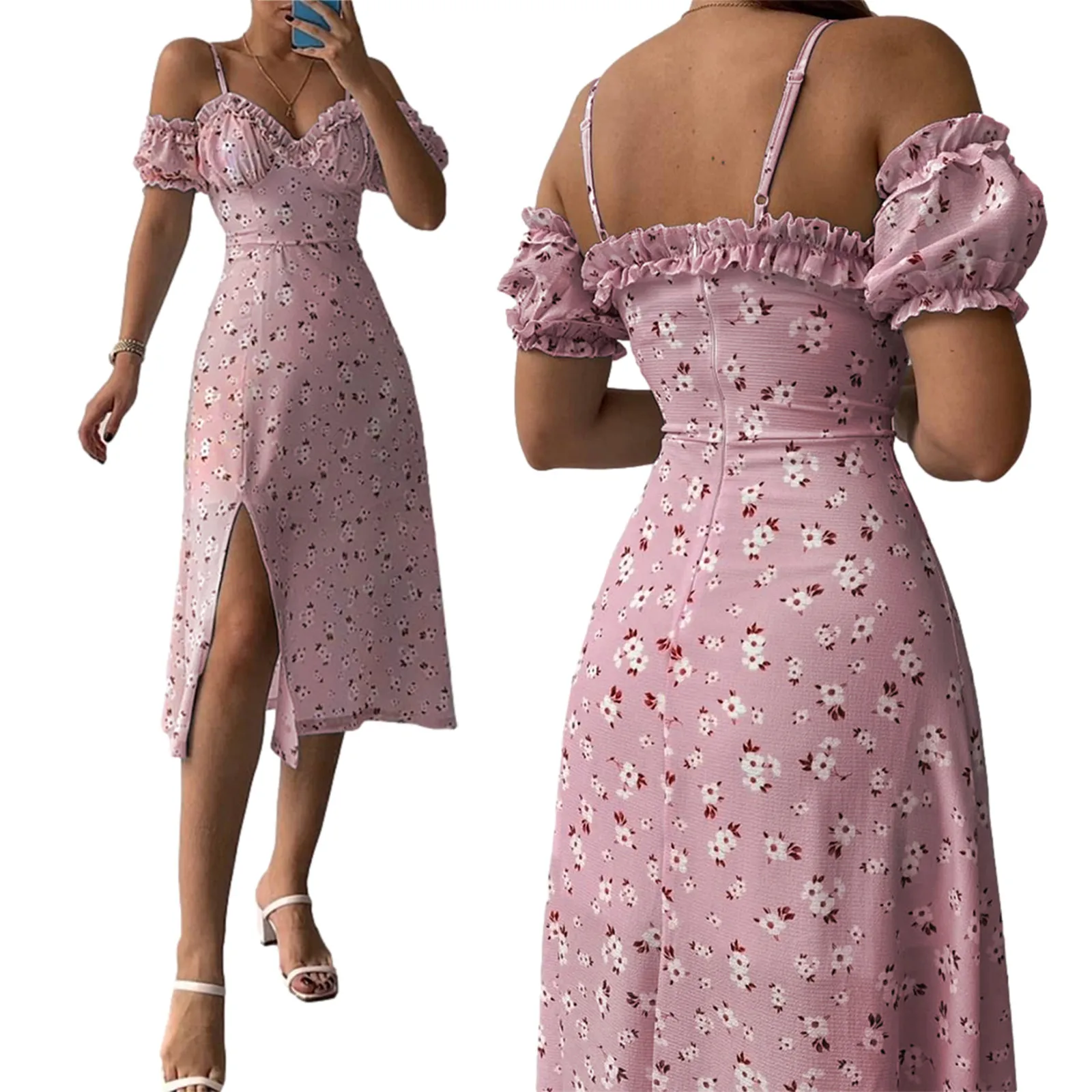 

Women’s Casual Boho Floral Prints Suspender Dress Summer 2022 Short Sleeve V-neck Split Mid-length Dress Elegant Beach Sundrss