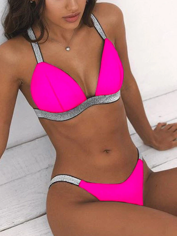 

Neon Pink Black Thong Bikini 2020 Swimsuit Women Swimwear Push Up Halter Bikini Set Strap Bather Bathing Suit Beach Wear Female