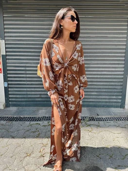 Marthaiqiq Loose Ladies Nightgown Set Sexy V-Neck Pajamas Long Sleeve Sleepwear Lace Up Nightie Pants Printing Femme Pajama Suit