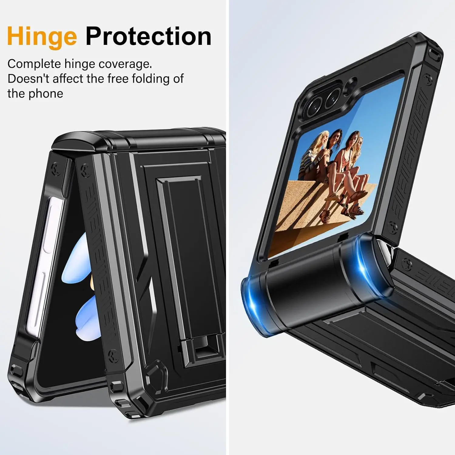 For Samsung Galaxy Z Flip 5 Case With Glass Screen Protector, Shockproof Heavy Duty Kickstand Cover, 360° Revolve Belt Clip