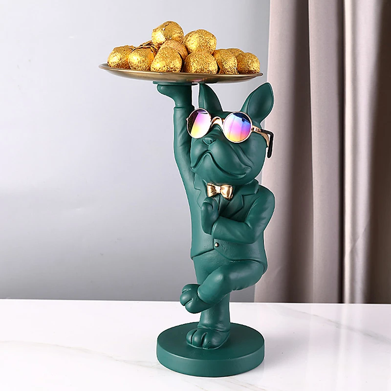 

Resin Bulldog Animal Figurines with Tray Decorative KungFu Dog Statues Keys Candy Storage Basket Hotel Office Room Decoration