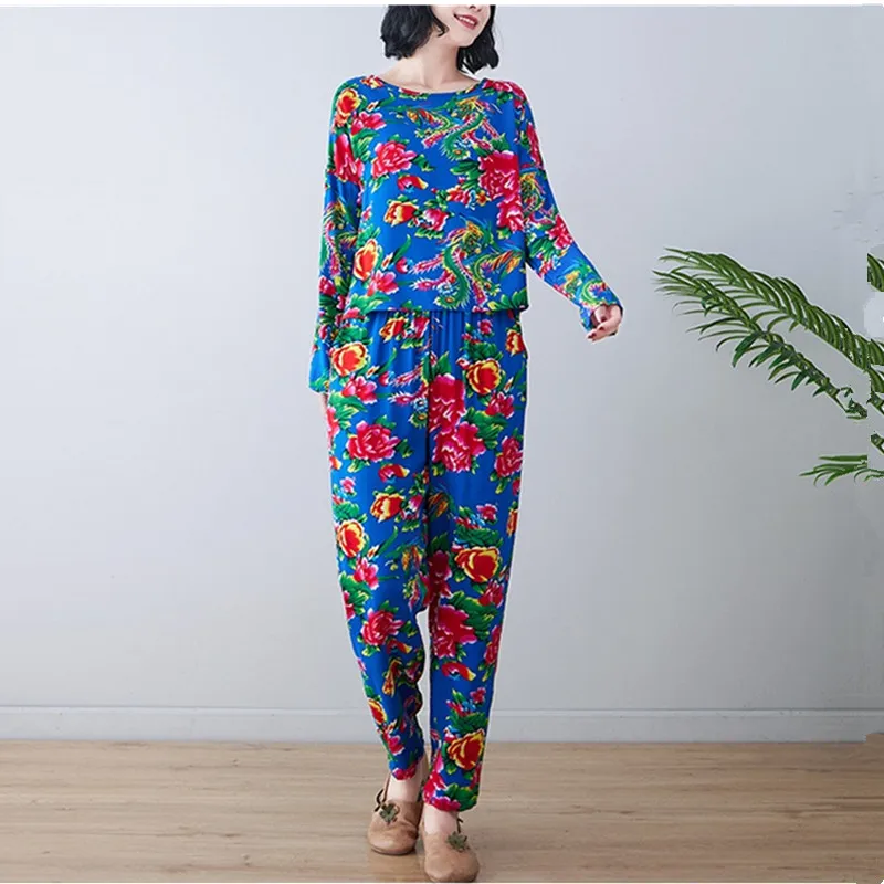 UHYTGF Middle-Aged Womens Spring Summer Suits Pajamas Printed Cotton Silk Home Clothes Female Thin Sleepwear 4XL Loose Size 2374