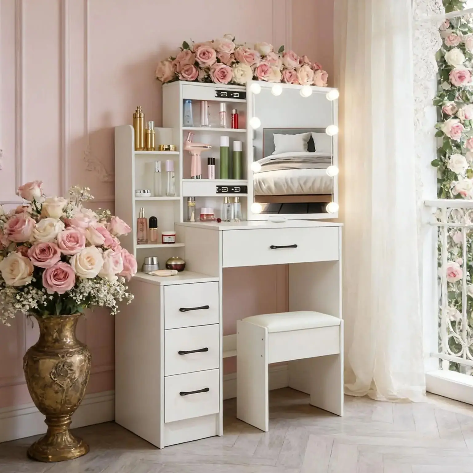 Teousev Modern Dressing Table & Stool Set with LED Sliding 3-Color Lighting Mirror, Storage Makeup Vanity Desk for Bedroom