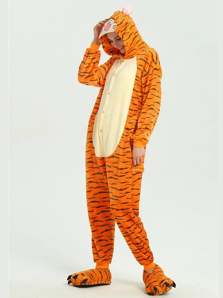 Orange Tiger with short tail and black stripe Hooded Flannel One-piece Hooded pajamas Button Onesie Couple Cosplay Sleepwear