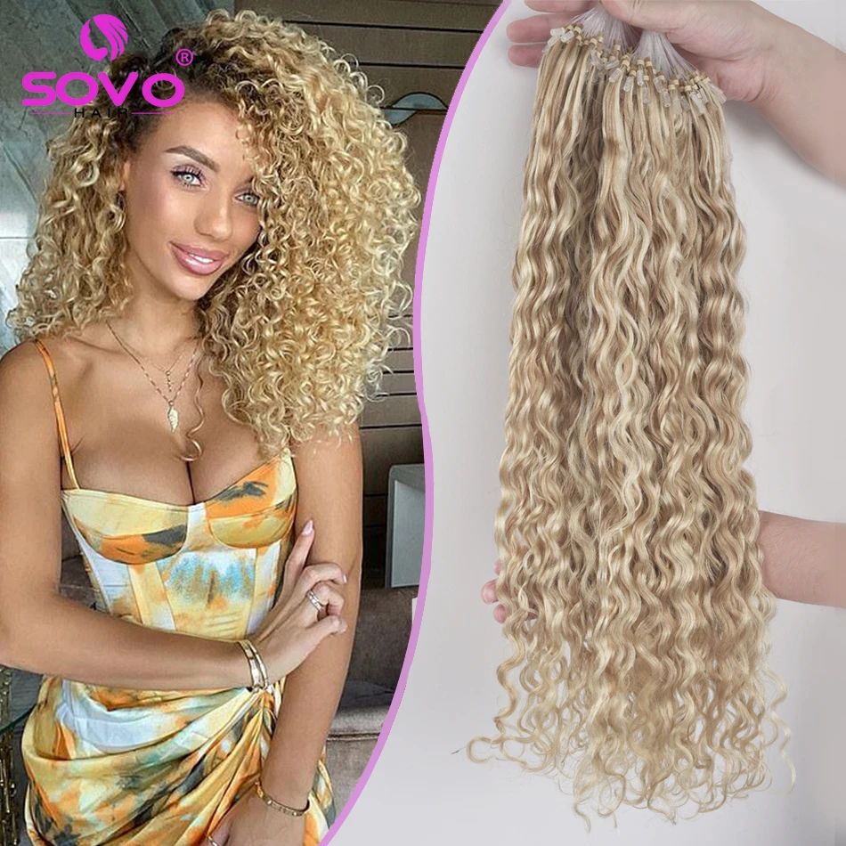 Micro Ring Link Hair Extensions Invisible Micro Ring Beads Loop Tip Remy  Human Hair Curly Golden Blonde 20inch 100s