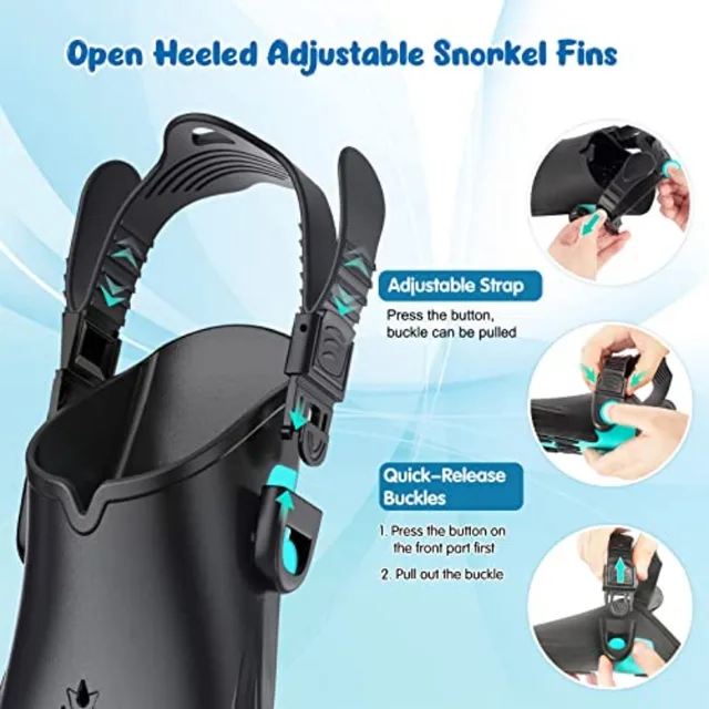 Snorkel Set, Mask Fins Snorkeling Gear for Anti-Fog Swim Goggles 180 Panoramic View Dry Top Snorkel and Dive Flippers Combo wit