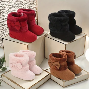 0-18M baby shoes Girls winter plush comfort snow boots cute bow cotton shoes baby soft soled non-slip toddler shoes 1