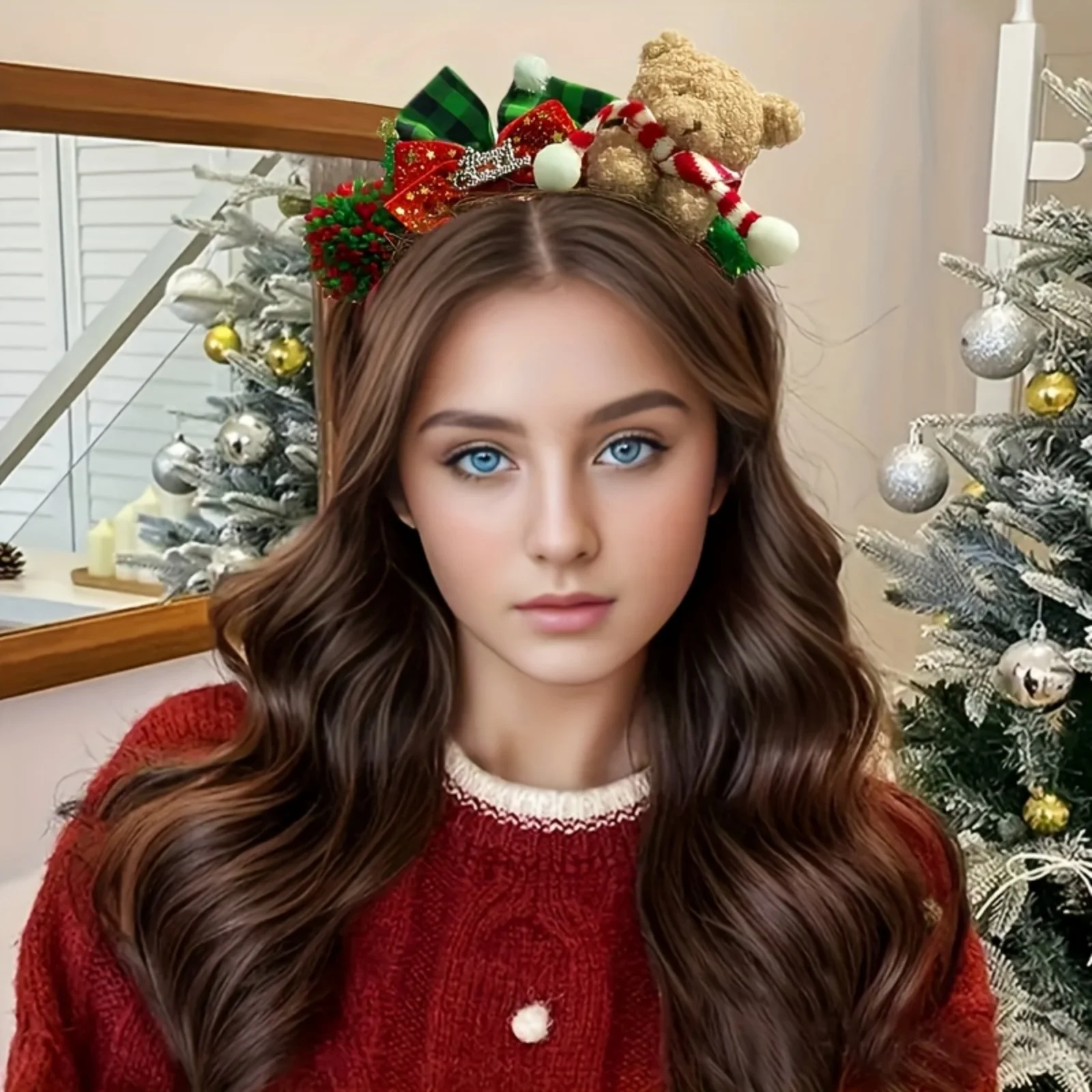 1PC Christmas Teddy Bear Headband, Plush Santa Hat Scarf Design, Festive Red Green Pom Poms, Cute Xmas Hair Accessory for Women