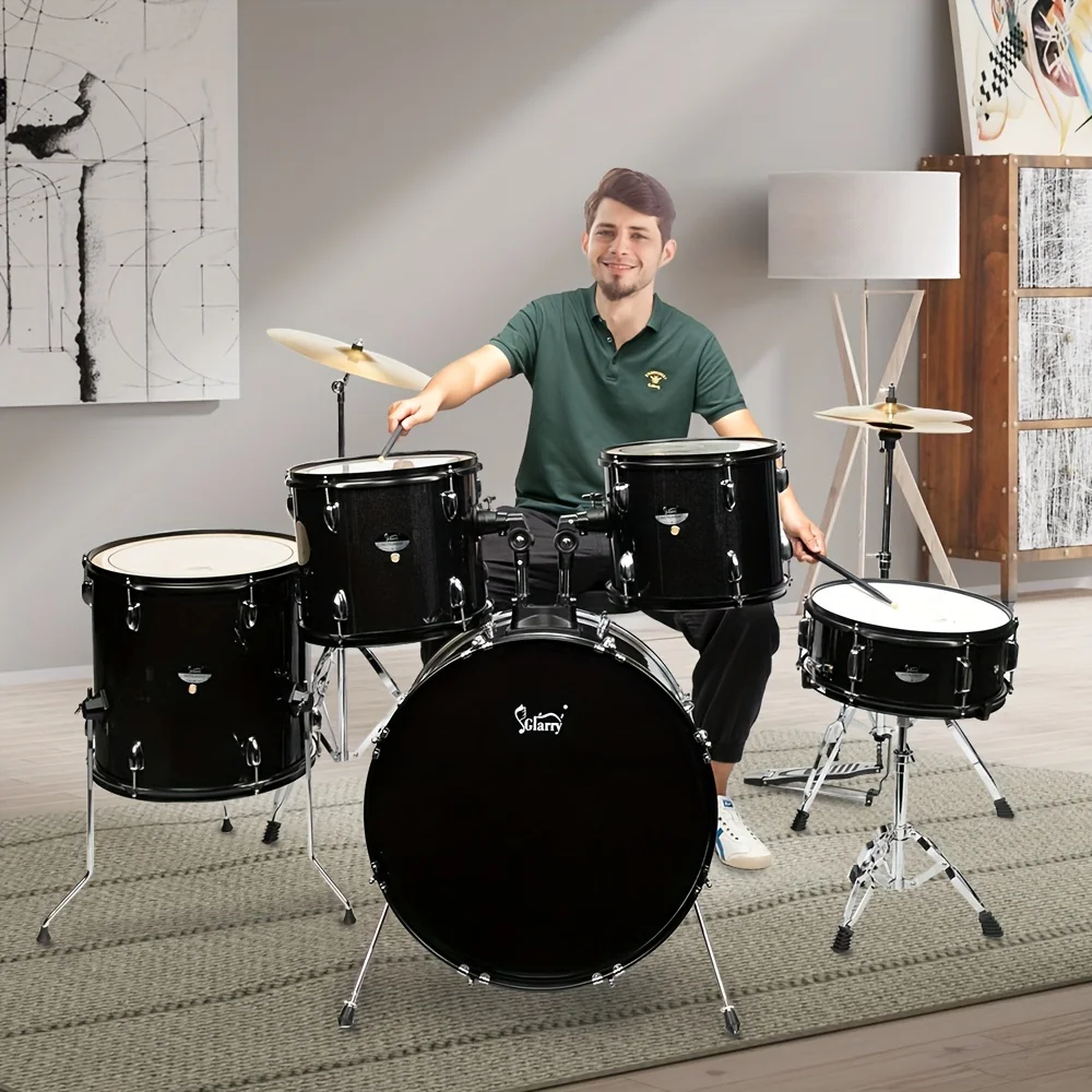 Glarry Full Size Adult Drum Set 5-Piece Black With Bass Drum, Two Tom Drum, Snare Floor Tom, 16" Ride Cymbal,