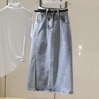 Versatile Chic Light Blue High Waist Denim Skirt Women Midi A-Line Bodycon Slit Slim Fit Stretch Cotton Casual Elegant New Style