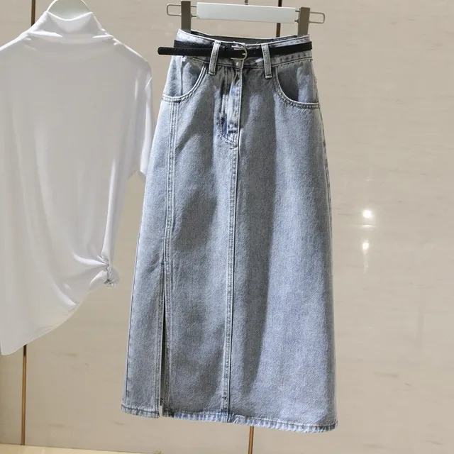 Versatile Chic Light Blue High Waist Denim Skirt Women Midi A-Line Bodycon Slit Slim Fit Stretch Cotton Casual Elegant New Style
