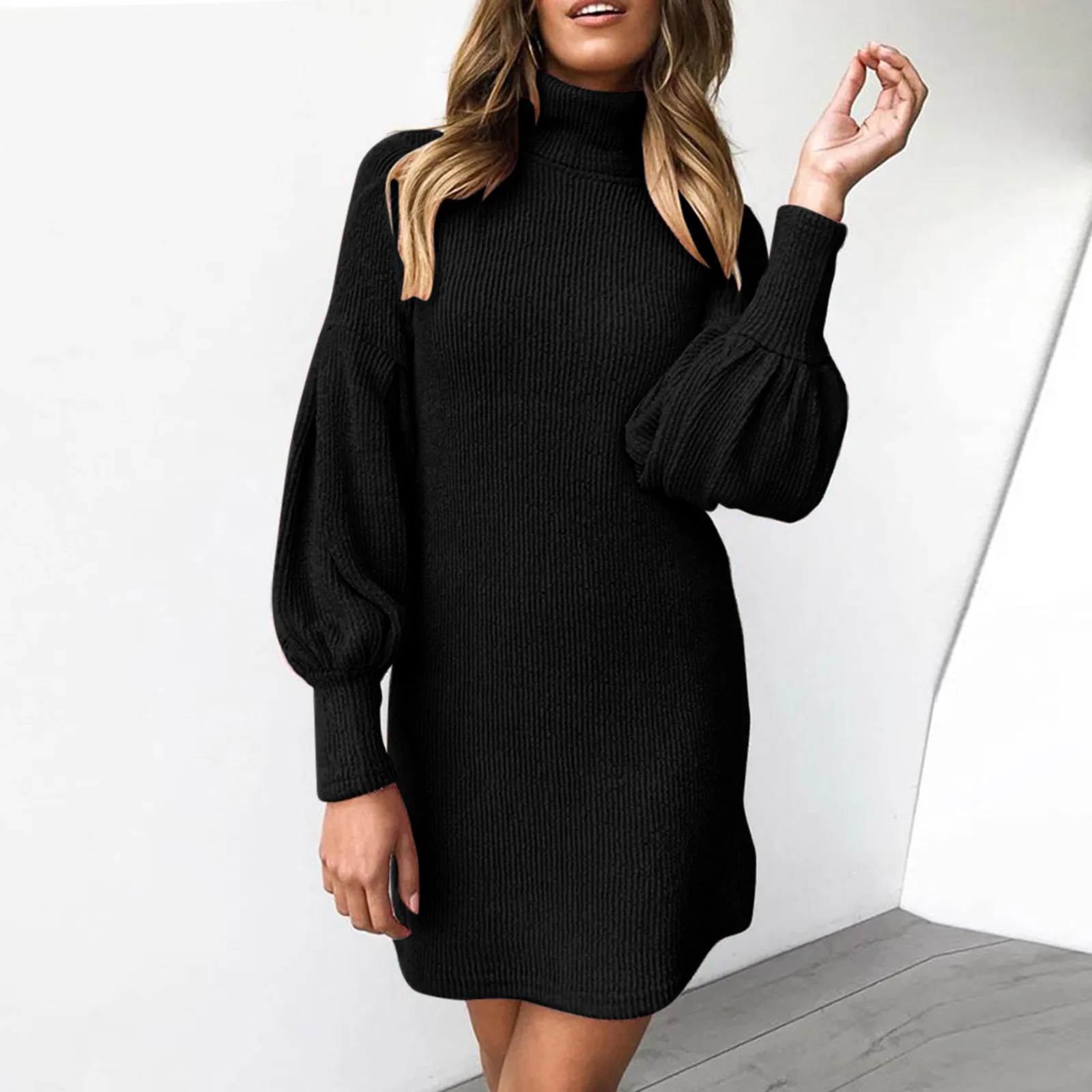 

Spring And Autumn Women's Turtleneck Knitted Sweater Dress Solid Colour Casual Knit Dress Fashion Lantern Long Sleeve Dress