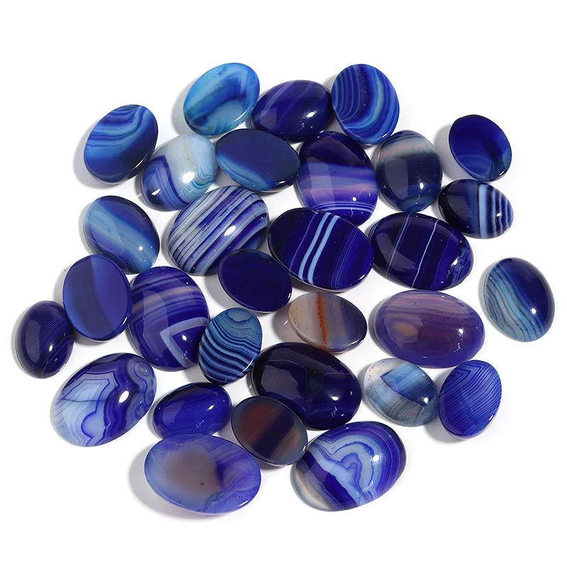5Pcs lot blue stripe agate loose beads oval shape flat base cabochon for DIY crafts ornament decoration handmade accessories