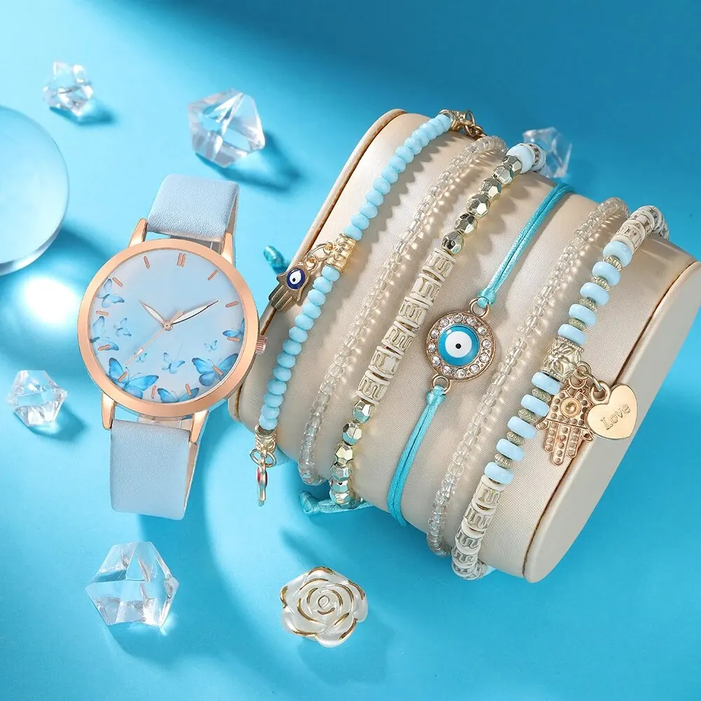 Women Watches 7pcs Women's Watch Set Fashion Casual Blue Butterfly Quartz Watch Fashion Casual Bracelet Set