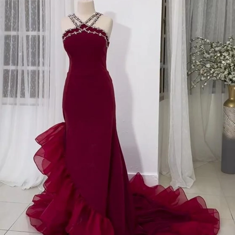 

Yipeisha Sparkle Exquisite Formal Ocassion Gown Halter Mermaid Beading Tulle Floor length Charmeuse Prom Dresses