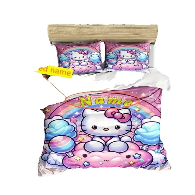 [Customization] Name Rainbow Hello Kitty Pattern Print Bedding Set Room Decoration (1*Duvet Cover+2*Pillowcase, Without Core) 6