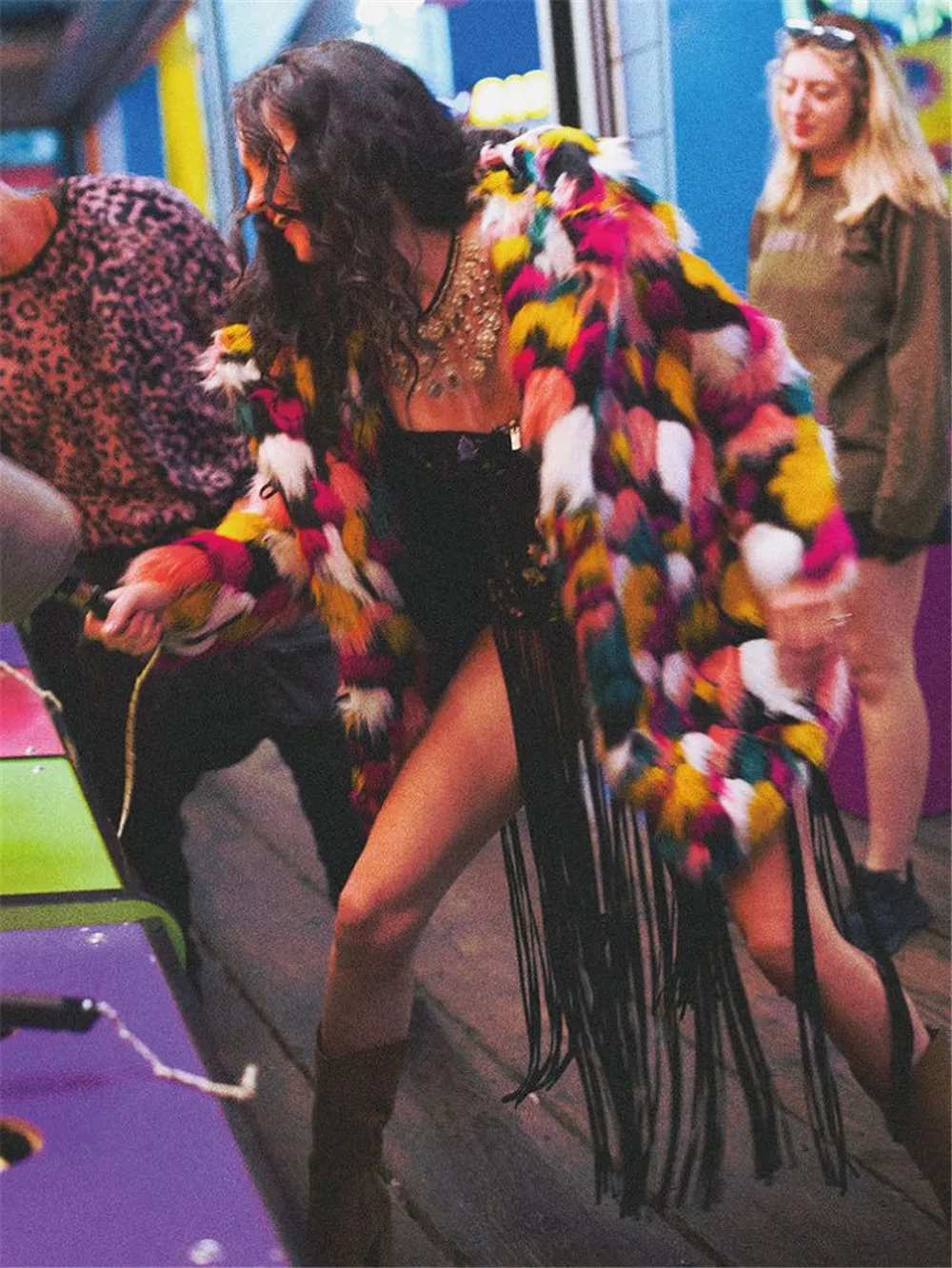 Y2KWoman Clothing2024 Winter 'S Fashion And Leisure High Street Faux Women'S Long Hooded Integrated Fur Coat