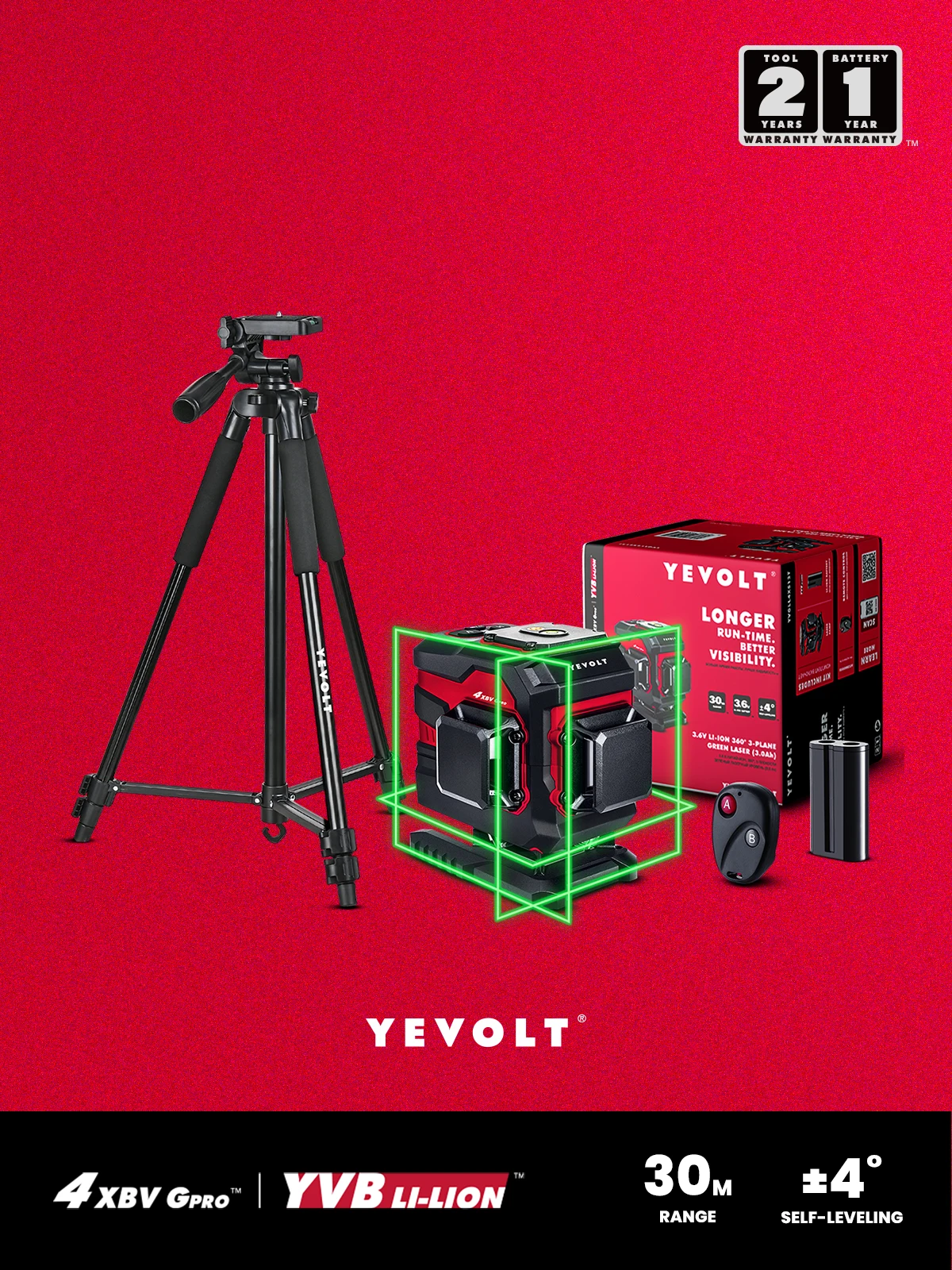 

YEVOLT TP-YVGLL4XS12T 3-Plane Green Laser Level 3D 12-Line Self-Leveling 360 Ground Line 1.5m Tripod Horizontal & Vertical Tools