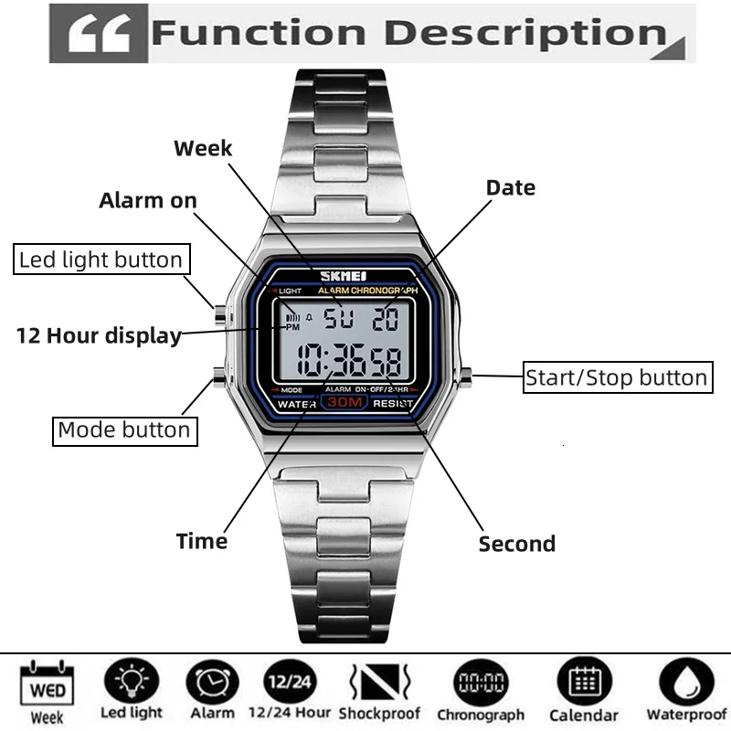 Skmei Women's Digital Sports Waterproof Bracelet Watch Luxury Stainless Steel Strap Shock Resistant Led Chronograph Alarm Clock women watches electronic watch