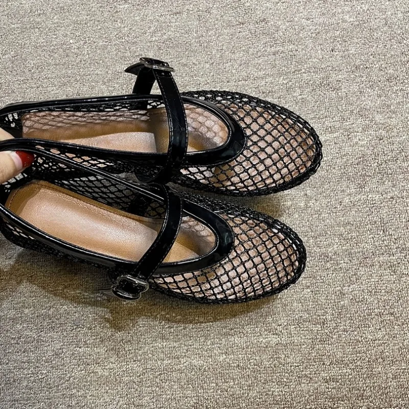 Women Sandals Black Sandals Women Flats Mesh Summer Fashion Shallow Shoes Beach Dress Designer Trend Shoes Outdoor Walking Female