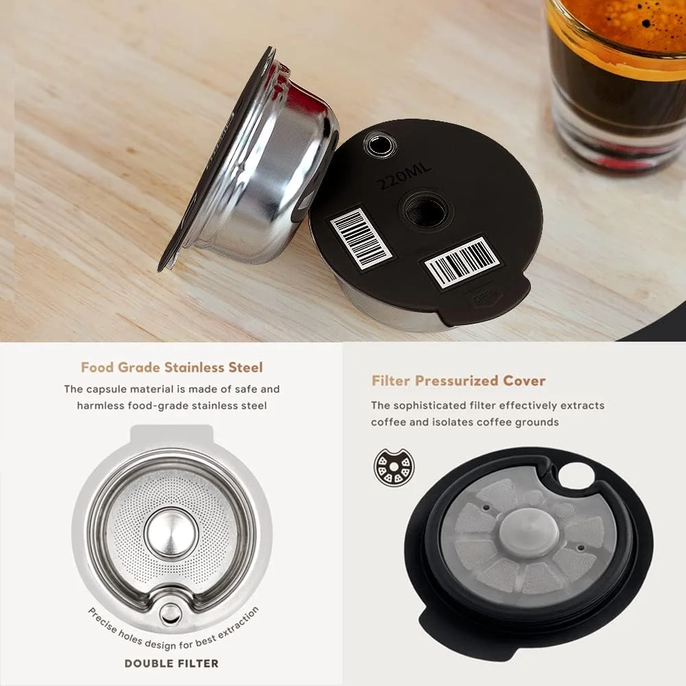 Stainless Steel Reusable Tassimo Coffee Pod Refillable Coffee Capsule reusable coffee capsules for Bosch Tassimo Maker 60 180 200 220ML Silicone Lid
