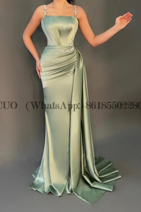 

Ruched Pleats Evening Dresses Light Green Mermaid 2023 Fashion Beaded Rhinestone Stretchy Satin Prom Gowns Elegant Custom made